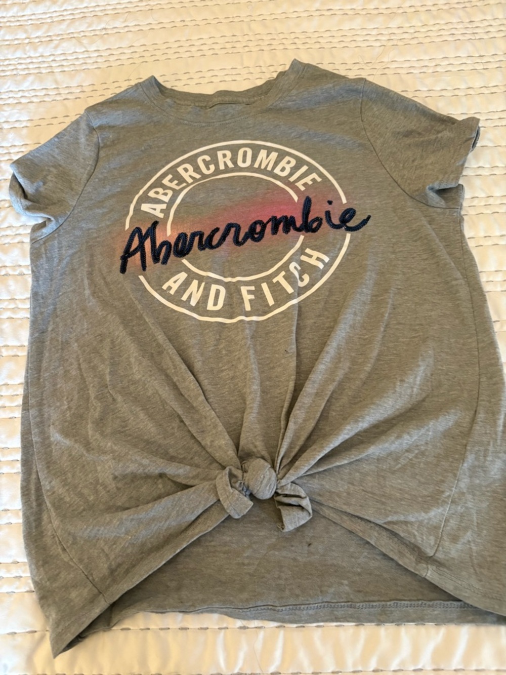 Abercrombie & Fitch Gray Logo Tie-Front Tee with Pink Accent